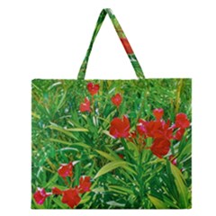 Red Flowers And Green Plants At Outdoor Garden Zipper Large Tote Bag