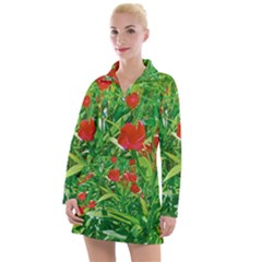 Red Flowers And Green Plants At Outdoor Garden Women s Long Sleeve Casual Dress by dflcprintsclothing