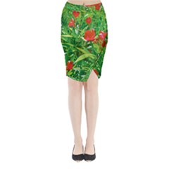 Red Flowers And Green Plants At Outdoor Garden Midi Wrap Pencil Skirt by dflcprintsclothing