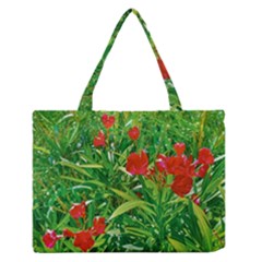 Red Flowers And Green Plants At Outdoor Garden Zipper Medium Tote Bag