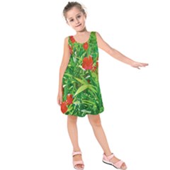 Red Flowers And Green Plants At Outdoor Garden Kids  Sleeveless Dress by dflcprintsclothing