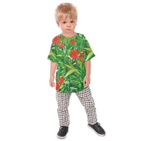 Red Flowers And Green Plants At Outdoor Garden Kids  Raglan Tee by dflcprintsclothing