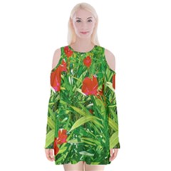 Red Flowers And Green Plants At Outdoor Garden Velvet Long Sleeve Shoulder Cutout Dress