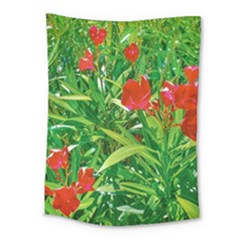 Red Flowers And Green Plants At Outdoor Garden Medium Tapestry by dflcprintsclothing