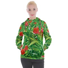 Red Flowers And Green Plants At Outdoor Garden Women s Hooded Pullover