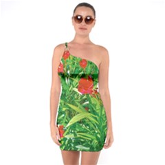 Red Flowers And Green Plants At Outdoor Garden One Soulder Bodycon Dress by dflcprintsclothing