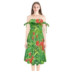 Red Flowers And Green Plants At Outdoor Garden Shoulder Tie Bardot Midi Dress by dflcprintsclothing