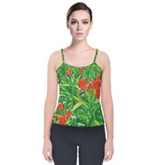 Red Flowers And Green Plants At Outdoor Garden Velvet Spaghetti Strap Top