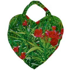 Red Flowers And Green Plants At Outdoor Garden Giant Heart Shaped Tote