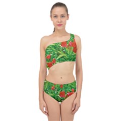 Red Flowers And Green Plants At Outdoor Garden Spliced Up Two Piece Swimsuit by dflcprintsclothing