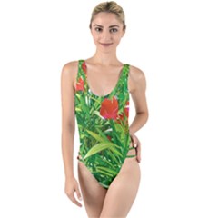 Red Flowers And Green Plants At Outdoor Garden High Leg Strappy Swimsuit