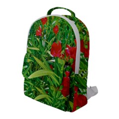 Red Flowers And Green Plants At Outdoor Garden Flap Pocket Backpack (large) by dflcprintsclothing