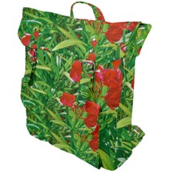 Red Flowers And Green Plants At Outdoor Garden Buckle Up Backpack