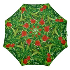 Red Flowers And Green Plants At Outdoor Garden Straight Umbrellas