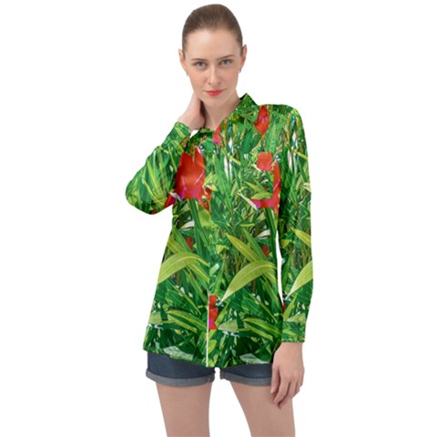 Red Flowers And Green Plants At Outdoor Garden Long Sleeve Satin Shirt by dflcprintsclothing