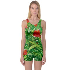 Red Flowers And Green Plants At Outdoor Garden One Piece Boyleg Swimsuit by dflcprintsclothing