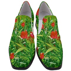 Red Flowers And Green Plants At Outdoor Garden Women Slip On Heel Loafers by dflcprintsclothing