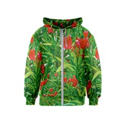 Red Flowers And Green Plants At Outdoor Garden Kids  Zipper Hoodie by dflcprintsclothing