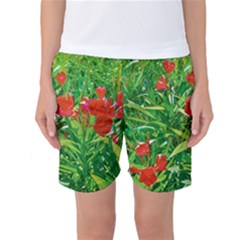 Red Flowers And Green Plants At Outdoor Garden Women s Basketball Shorts by dflcprintsclothing