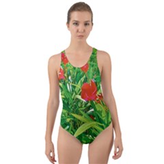 Red Flowers And Green Plants At Outdoor Garden Cut-out Back One Piece Swimsuit