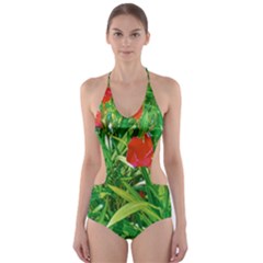 Red Flowers And Green Plants At Outdoor Garden Cut-out One Piece Swimsuit by dflcprintsclothing