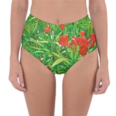 Red Flowers And Green Plants At Outdoor Garden Reversible High-waist Bikini Bottoms by dflcprintsclothing