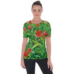 Red Flowers And Green Plants At Outdoor Garden Shoulder Cut Out Short Sleeve Top by dflcprintsclothing