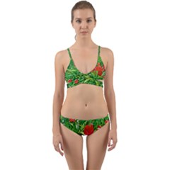 Red Flowers And Green Plants At Outdoor Garden Wrap Around Bikini Set by dflcprintsclothing