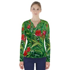 Red Flowers And Green Plants At Outdoor Garden V-neck Long Sleeve Top by dflcprintsclothing