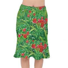 Red Flowers And Green Plants At Outdoor Garden Short Mermaid Skirt by dflcprintsclothing