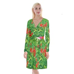 Red Flowers And Green Plants At Outdoor Garden Long Sleeve Velvet Front Wrap Dress by dflcprintsclothing