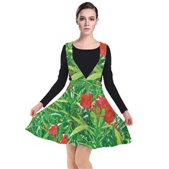 Red Flowers And Green Plants At Outdoor Garden Plunge Pinafore Dress by dflcprintsclothing