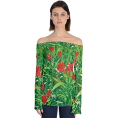 Red Flowers And Green Plants At Outdoor Garden Off Shoulder Long Sleeve Top by dflcprintsclothing