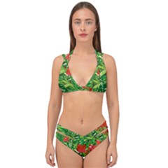 Red Flowers And Green Plants At Outdoor Garden Double Strap Halter Bikini Set