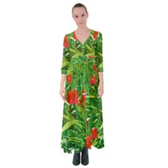 Red Flowers And Green Plants At Outdoor Garden Button Up Maxi Dress by dflcprintsclothing