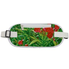 Red Flowers And Green Plants At Outdoor Garden Rounded Waist Pouch