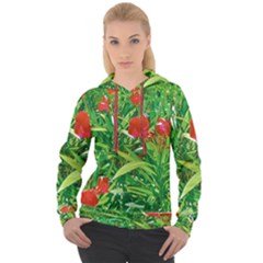 Red Flowers And Green Plants At Outdoor Garden Women s Overhead Hoodie by dflcprintsclothing