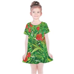 Red Flowers And Green Plants At Outdoor Garden Kids  Simple Cotton Dress by dflcprintsclothing