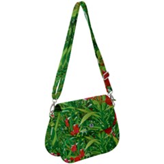 Red Flowers And Green Plants At Outdoor Garden Saddle Handbag