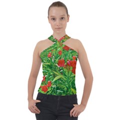 Red Flowers And Green Plants At Outdoor Garden Cross Neck Velour Top