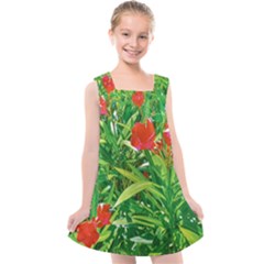 Red Flowers And Green Plants At Outdoor Garden Kids  Cross Back Dress by dflcprintsclothing