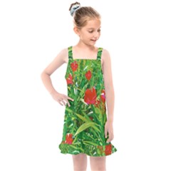 Red Flowers And Green Plants At Outdoor Garden Kids  Overall Dress by dflcprintsclothing