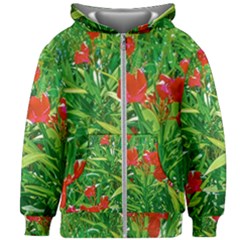 Red Flowers And Green Plants At Outdoor Garden Kids  Zipper Hoodie Without Drawstring by dflcprintsclothing