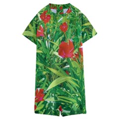 Red Flowers And Green Plants At Outdoor Garden Kids  Boyleg Half Suit Swimwear by dflcprintsclothing