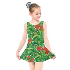 Red Flowers And Green Plants At Outdoor Garden Kids  Skater Dress Swimsuit by dflcprintsclothing