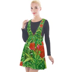 Red Flowers And Green Plants At Outdoor Garden Plunge Pinafore Velour Dress by dflcprintsclothing