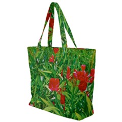 Red Flowers And Green Plants At Outdoor Garden Zip Up Canvas Bag by dflcprintsclothing