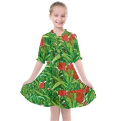 Red Flowers And Green Plants At Outdoor Garden Kids  All Frills Chiffon Dress by dflcprintsclothing