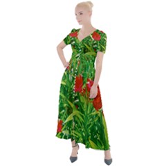 Red Flowers And Green Plants At Outdoor Garden Button Up Short Sleeve Maxi Dress