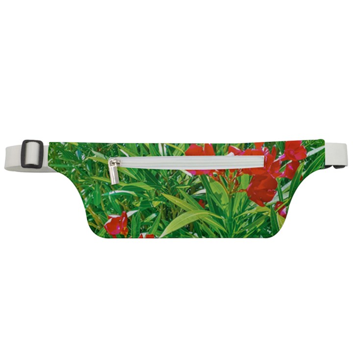 Red Flowers And Green Plants At Outdoor Garden Active Waist Bag